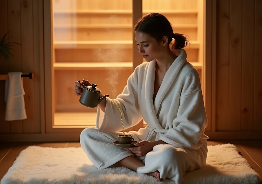 Young woman pouring herbal tea wrapped in robe