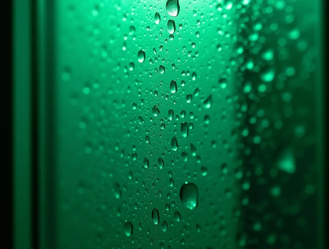 Water droplets on tempered glass with green chromotherapy light