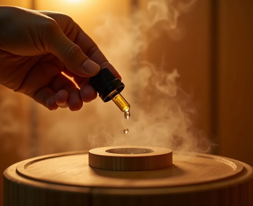 Hand placing eucalyptus oil in steel aroma diffuser