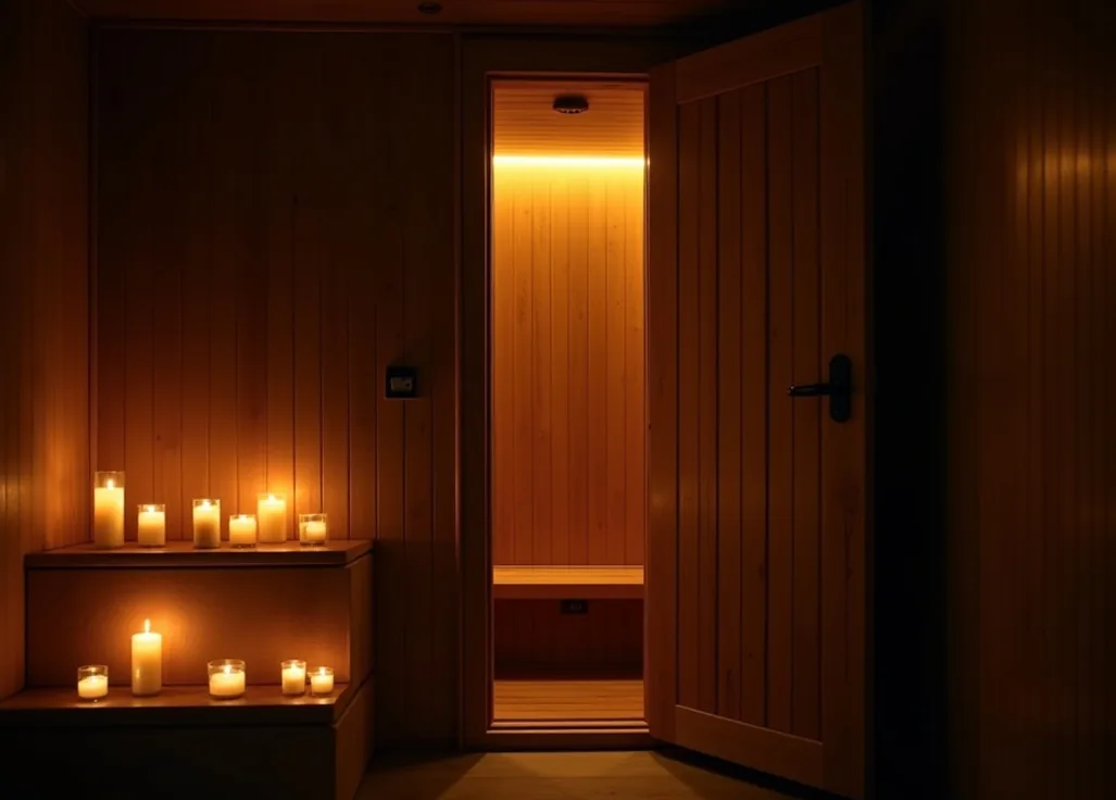 Luxury home spa room at night with steam cabin and golden light